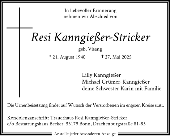 Anzeige von Resi Kanngießer-Stricker von General-Anzeiger Bonn