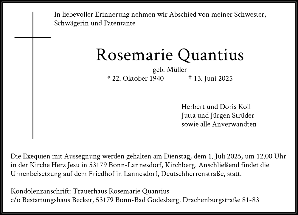  Traueranzeige für Rosemarie Quantius vom 21.06.2025 aus General-Anzeiger Bonn