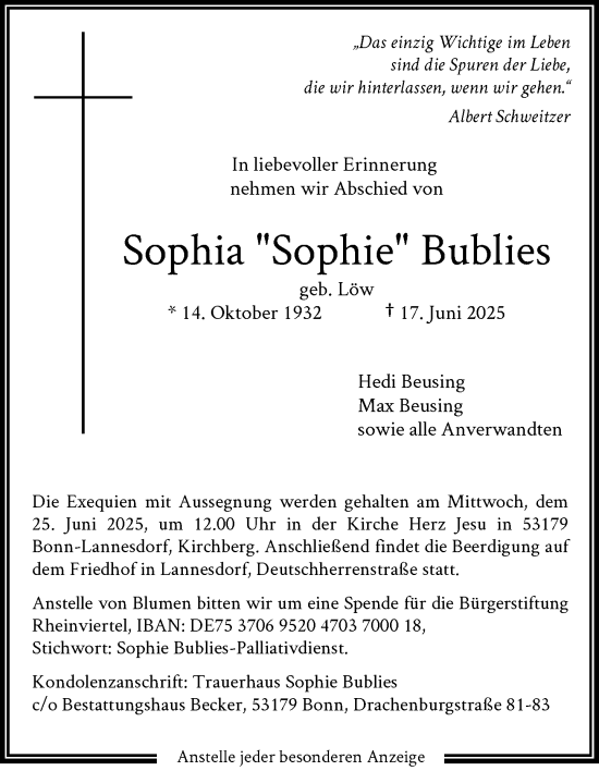 Anzeige von Sophia Bublies von General-Anzeiger Bonn