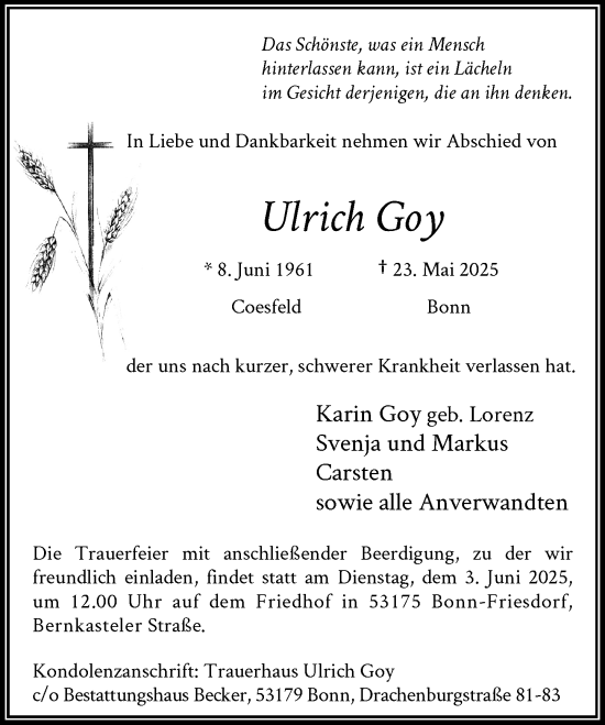 Anzeige von Ulrich Goy von General-Anzeiger Bonn