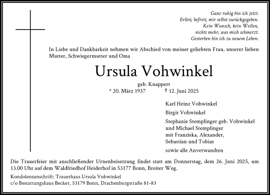 Anzeige von Ursula Vohwinkel von General-Anzeiger Bonn