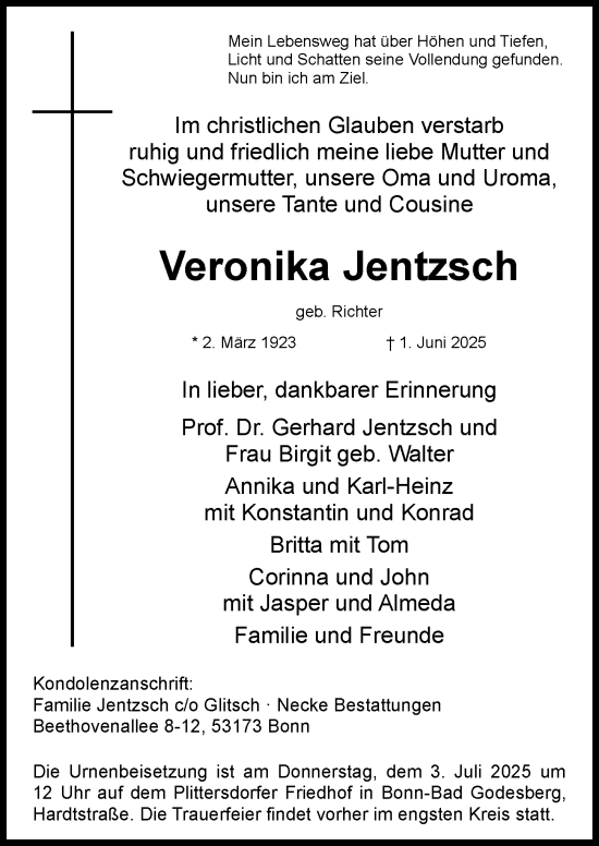 Anzeige von Veronika Jentzsch von General-Anzeiger Bonn