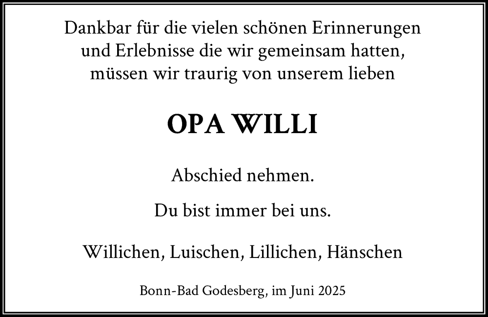  Traueranzeige für Willi  vom 21.06.2025 aus General-Anzeiger Bonn