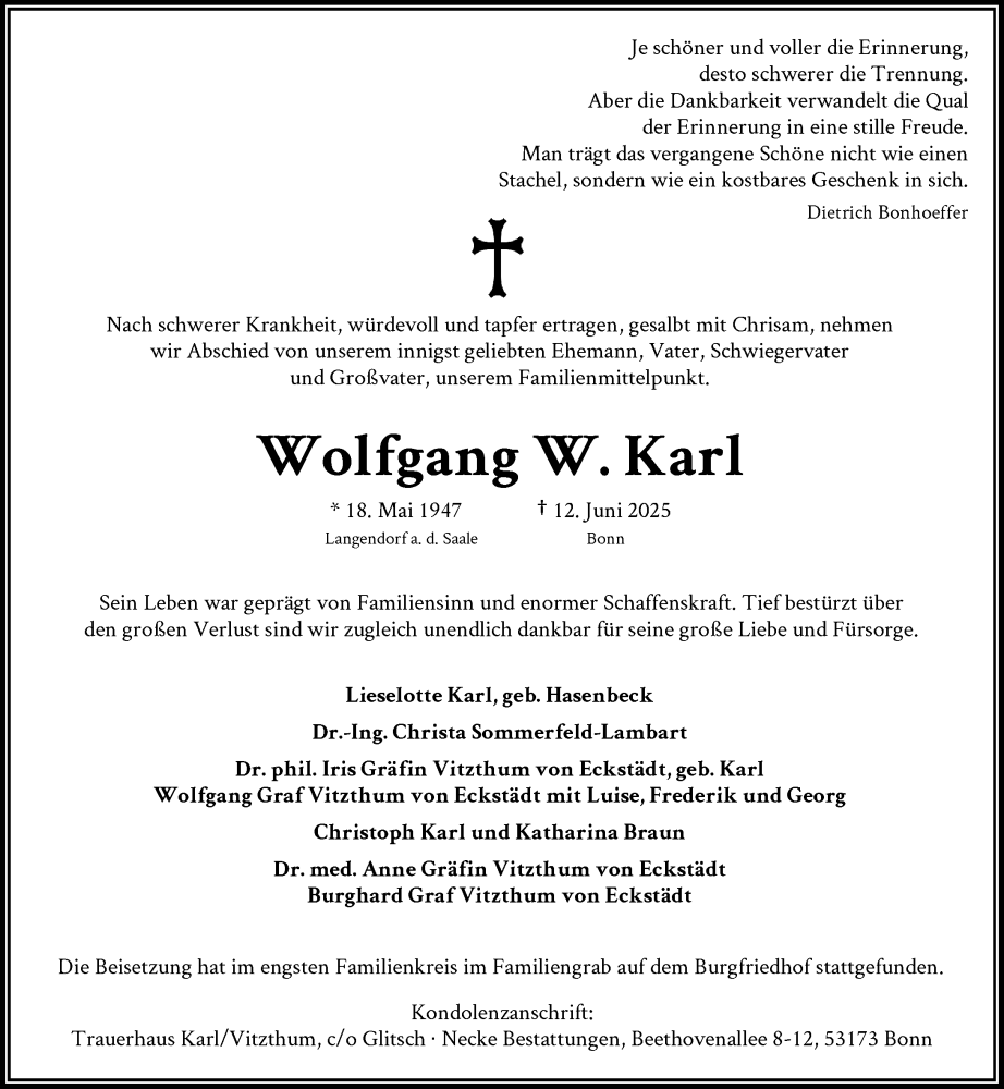  Traueranzeige für Wolfgang W. Karl vom 28.06.2025 aus General-Anzeiger Bonn