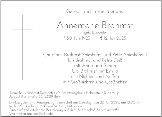 Anzeige von Annemarie Brahmst von General-Anzeiger Bonn