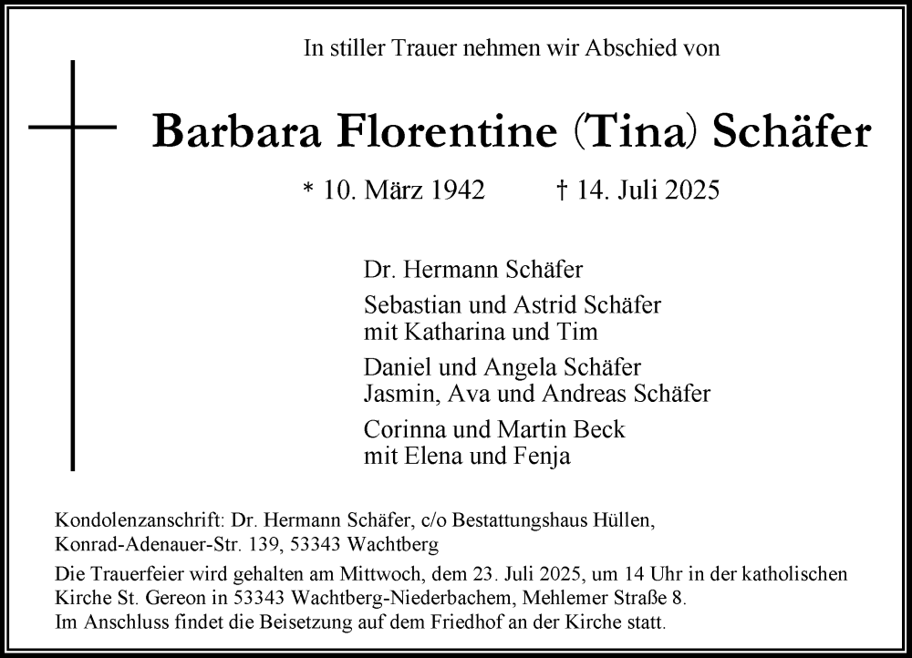  Traueranzeige für Barbara Florentine Schäfer vom 19.07.2025 aus General-Anzeiger Bonn