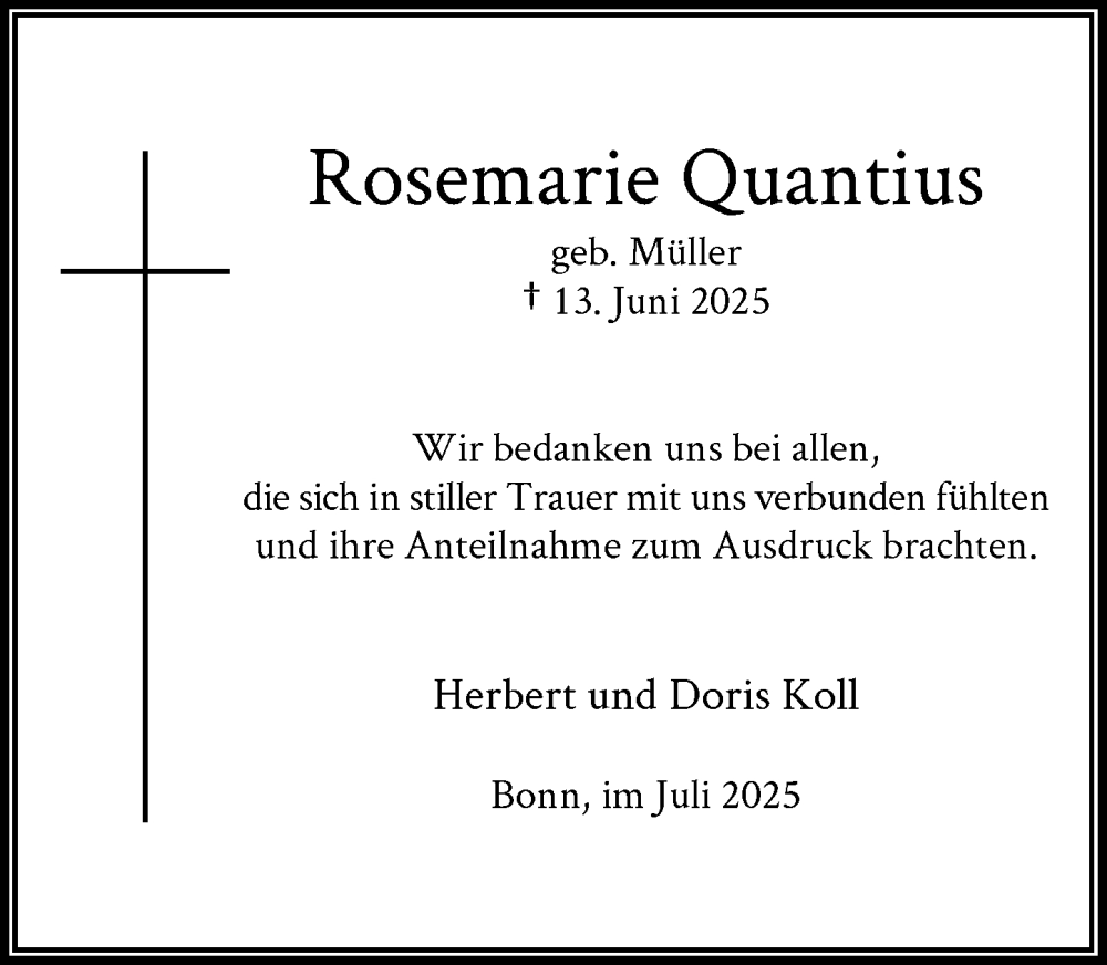  Traueranzeige für Rosemarie Quantius vom 12.07.2025 aus General-Anzeiger Bonn