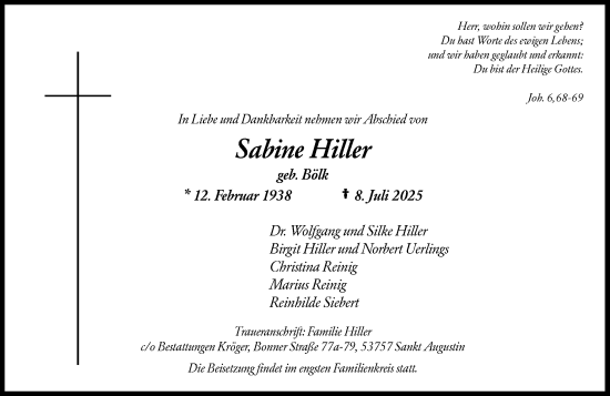 Anzeige von Sabine Hiller von General-Anzeiger Bonn
