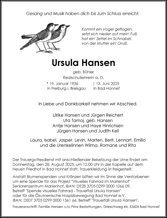 Anzeige von Ursula Hansen von General-Anzeiger Bonn