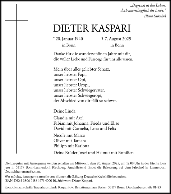 Anzeige von Dieter Kaspari von General-Anzeiger Bonn
