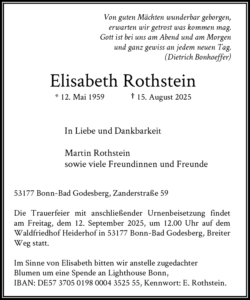  Traueranzeige für Elisabeth Rothstein vom 23.08.2025 aus General-Anzeiger Bonn
