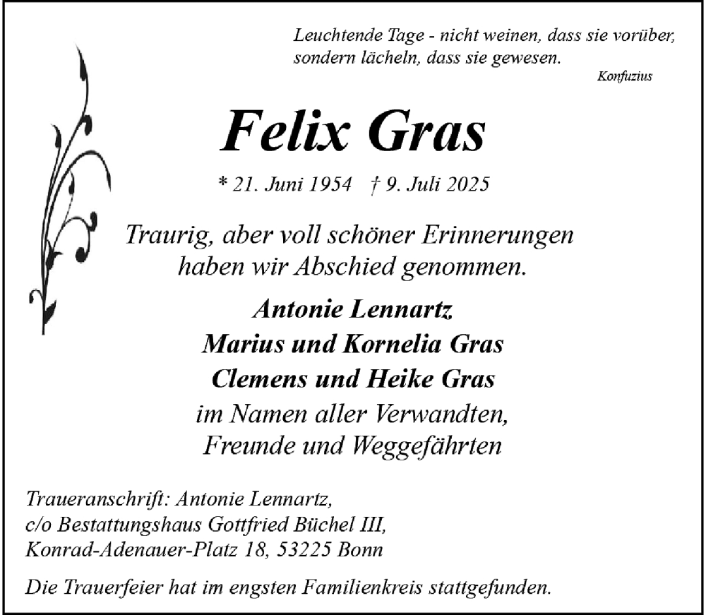  Traueranzeige für Felix Gras vom 16.08.2025 aus General-Anzeiger Bonn