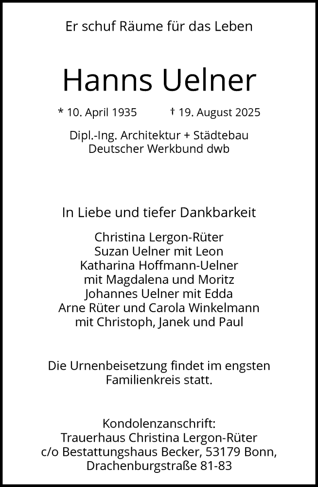  Traueranzeige für Hanns Uelner vom 23.08.2025 aus General-Anzeiger Bonn