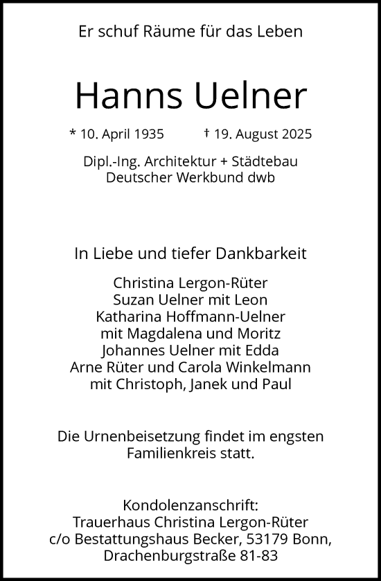 Anzeige von Hanns Uelner von General-Anzeiger Bonn