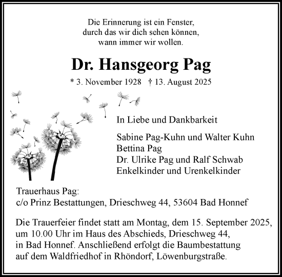 Anzeige von Hansgeorg Pag von General-Anzeiger Bonn