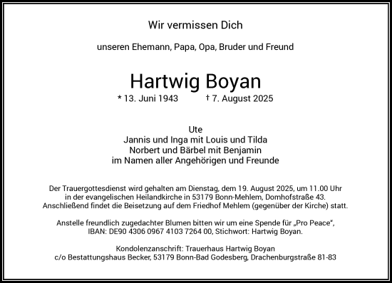 Anzeige von Hartwig Boyan von General-Anzeiger Bonn