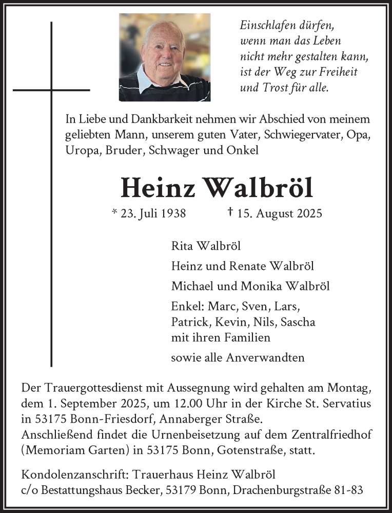  Traueranzeige für Heinz Walbröl vom 23.08.2025 aus General-Anzeiger Bonn