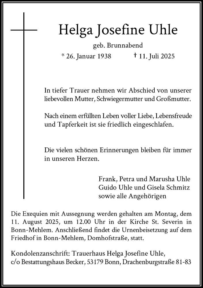  Traueranzeige für Helga Josefine Uhle vom 02.08.2025 aus General-Anzeiger Bonn