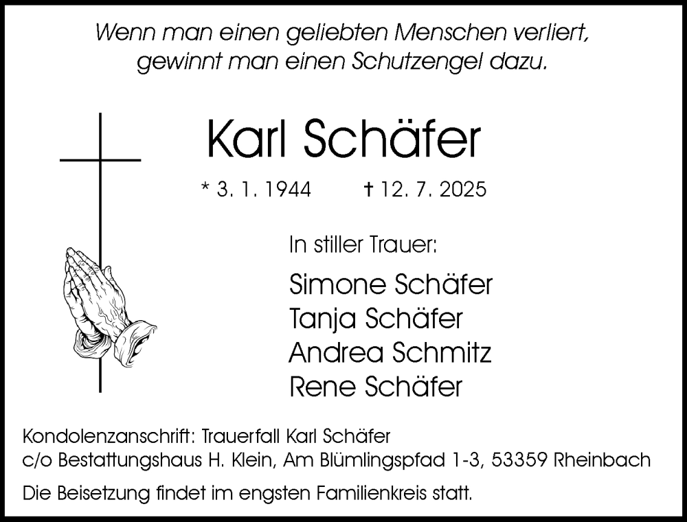  Traueranzeige für Karl Schäfer vom 09.08.2025 aus General-Anzeiger Bonn