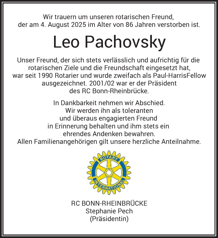  Traueranzeige für Leo Pachovsky vom 09.08.2025 aus General-Anzeiger Bonn