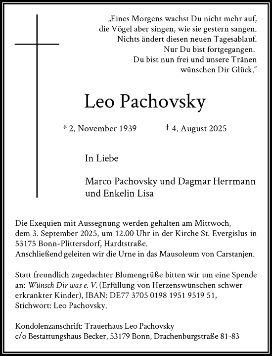 Anzeige von Leo Pachovsky von General-Anzeiger Bonn