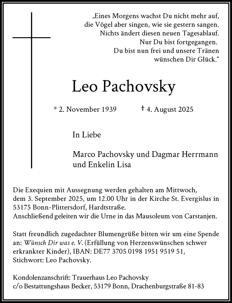  Traueranzeige für Leo Pachovsky vom 09.08.2025 aus General-Anzeiger Bonn