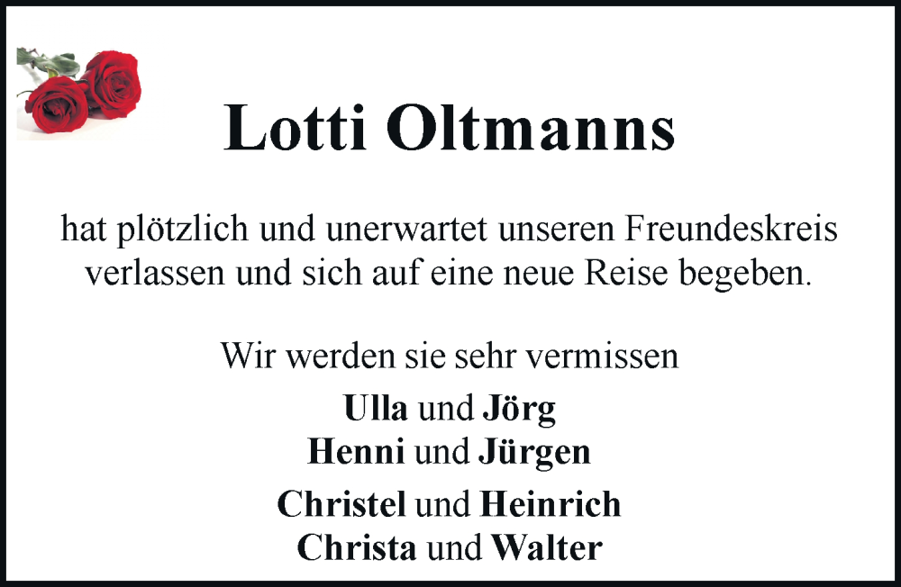  Traueranzeige für Lotti Oltmanns vom 16.08.2025 aus General-Anzeiger Bonn