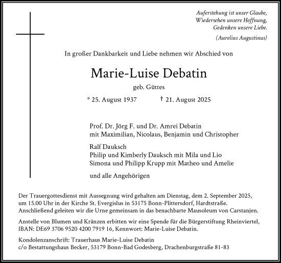 Anzeige von Marie-Luise Debatin von General-Anzeiger Bonn