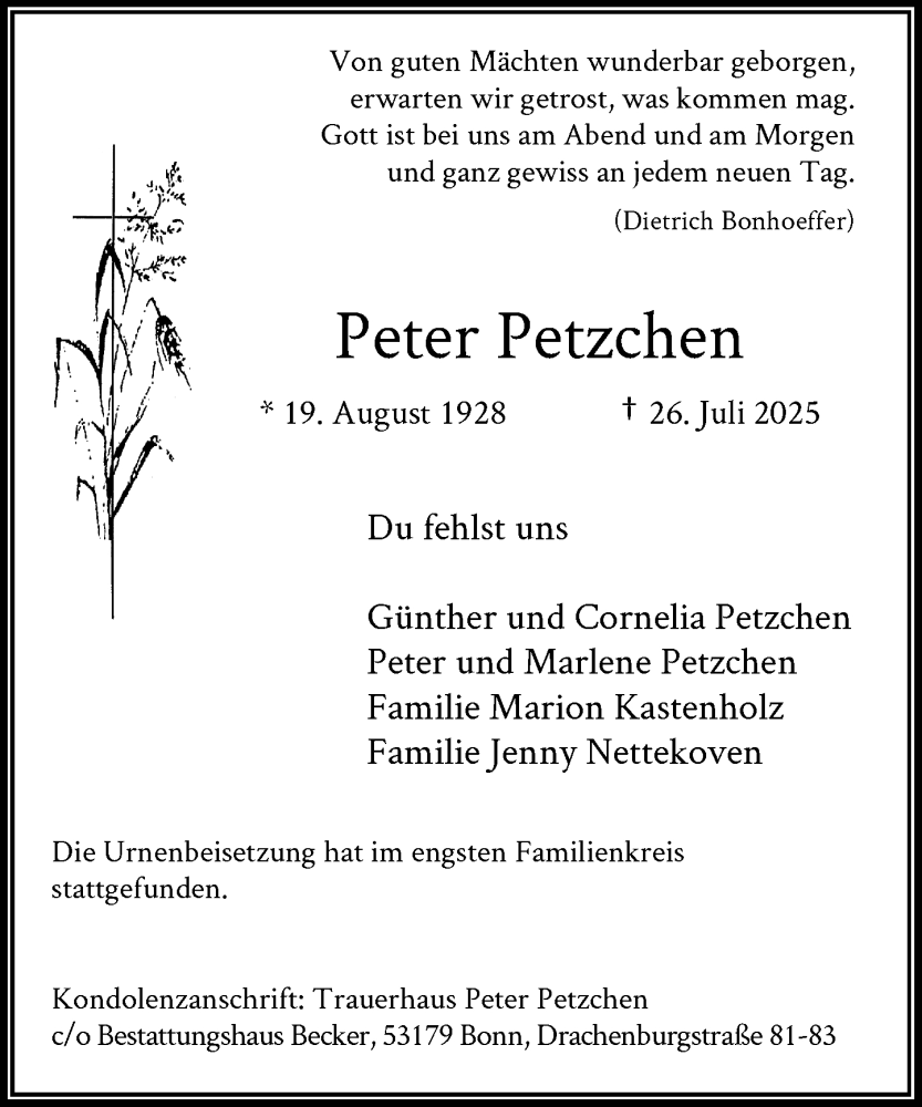  Traueranzeige für Peter Petzchen vom 09.08.2025 aus General-Anzeiger Bonn