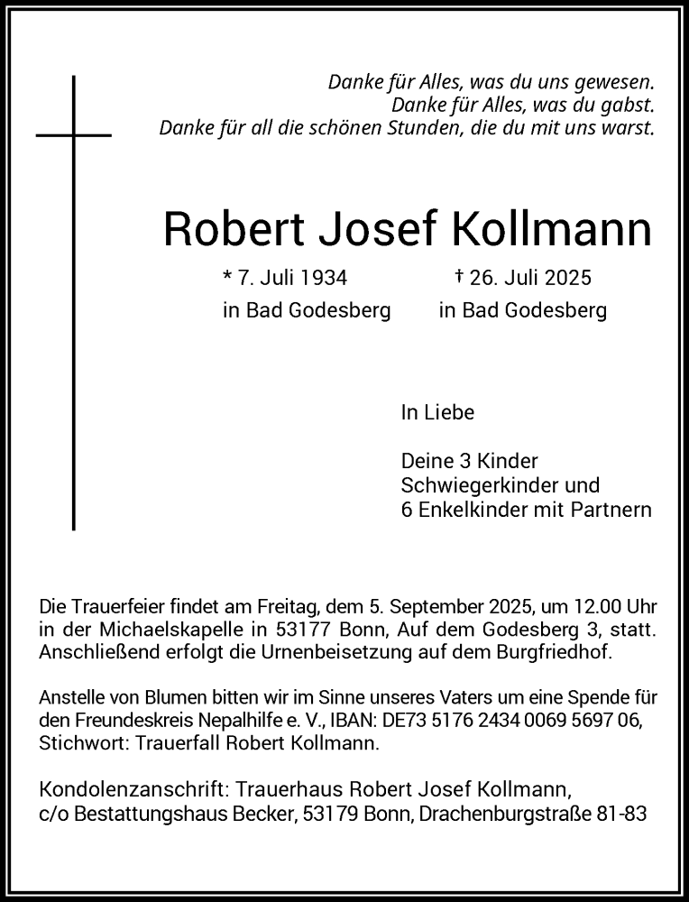 Traueranzeige für Robert Josef Kollmann vom 09.08.2025 aus General-Anzeiger Bonn