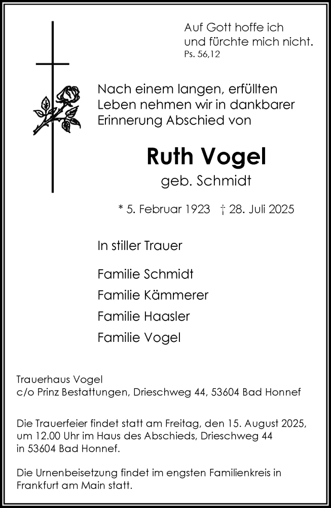  Traueranzeige für Ruth Vogel vom 02.08.2025 aus General-Anzeiger Bonn