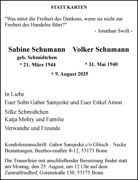 Anzeige von Sabine Schumann von General-Anzeiger Bonn