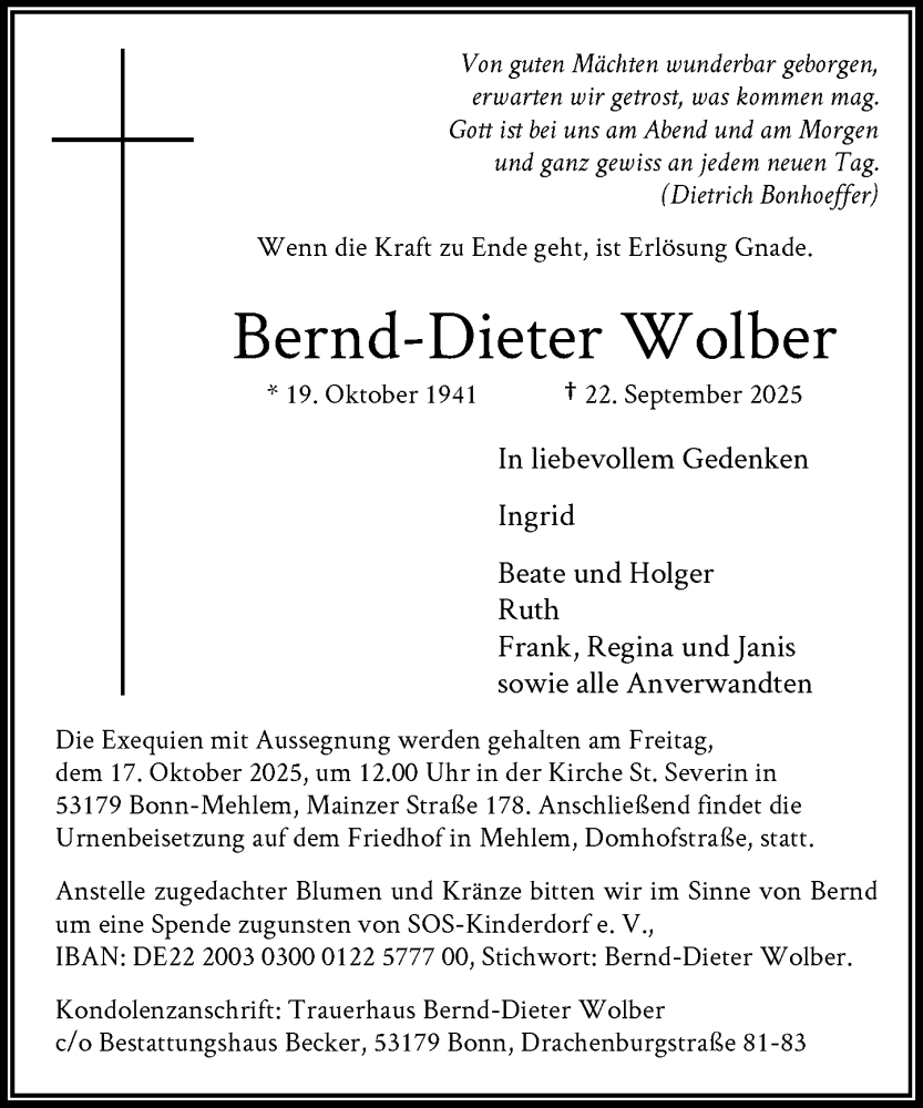  Traueranzeige für Bernd-Dieter Wolber vom 04.10.2025 aus General-Anzeiger Bonn