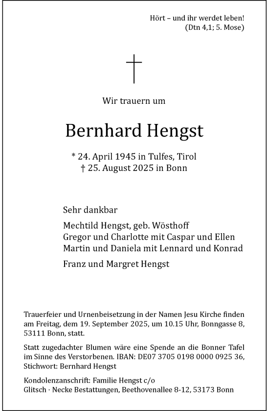 Anzeige von Bernhard Hengst von General-Anzeiger Bonn