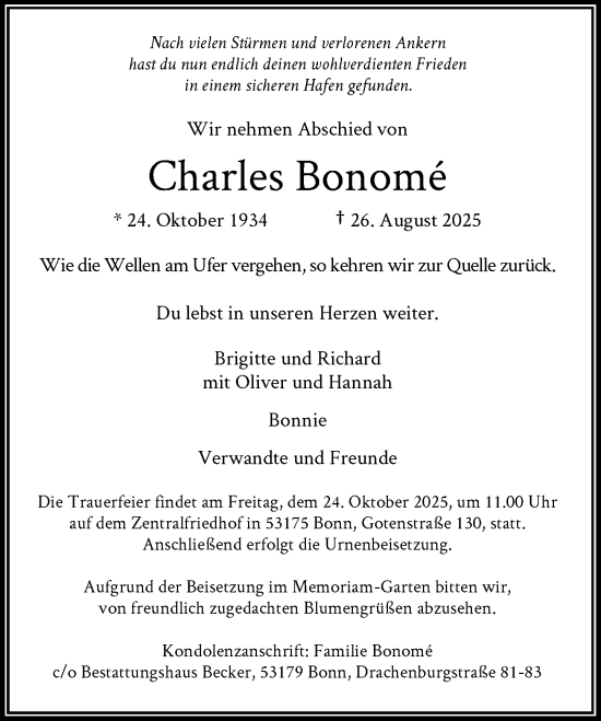Anzeige von Charles Bonomé von General-Anzeiger Bonn