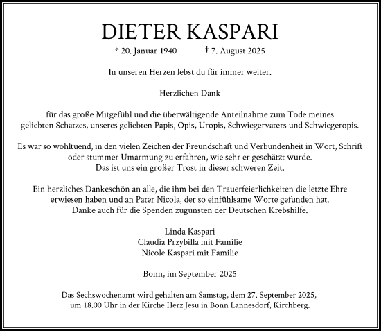 Anzeige von Dieter Kaspari von General-Anzeiger Bonn