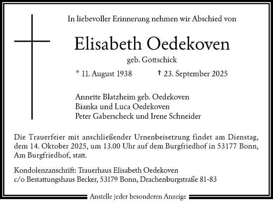 Anzeige von Elisabeth Oedekoven von General-Anzeiger Bonn