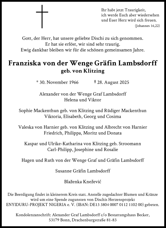 Anzeige von Franziska von der Wenge Gräfin Lambsdorff von General-Anzeiger Bonn