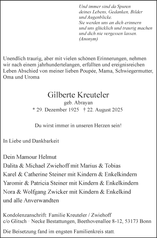 Anzeige von Gilberte Kreuteler von General-Anzeiger Bonn