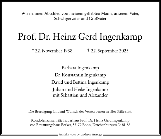 Anzeige von Heinz Gerd Ingenkamp von General-Anzeiger Bonn