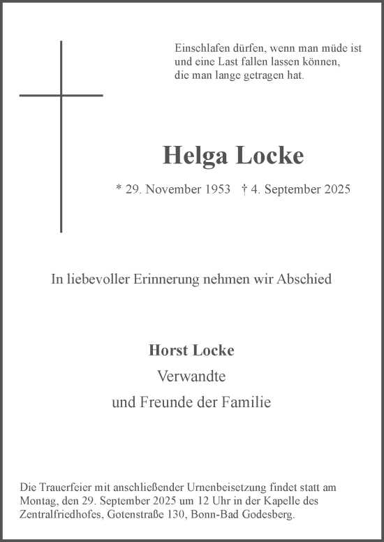 Anzeige von Helga Locke von General-Anzeiger Bonn