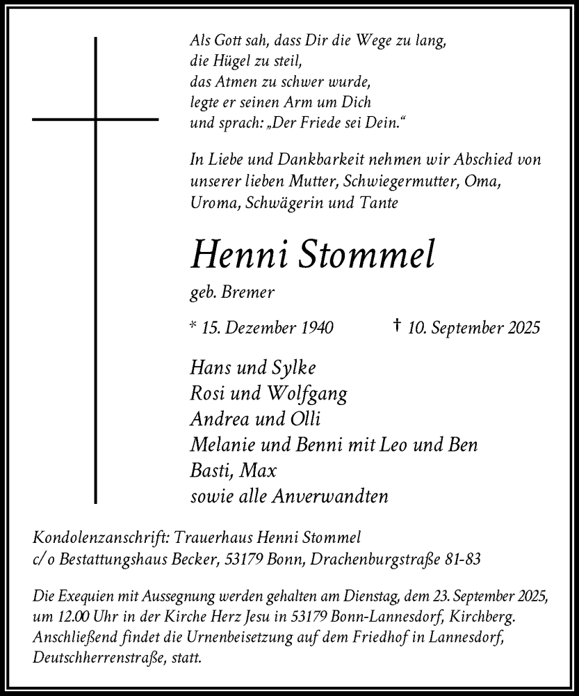  Traueranzeige für Henni Stommel vom 13.09.2025 aus General-Anzeiger Bonn