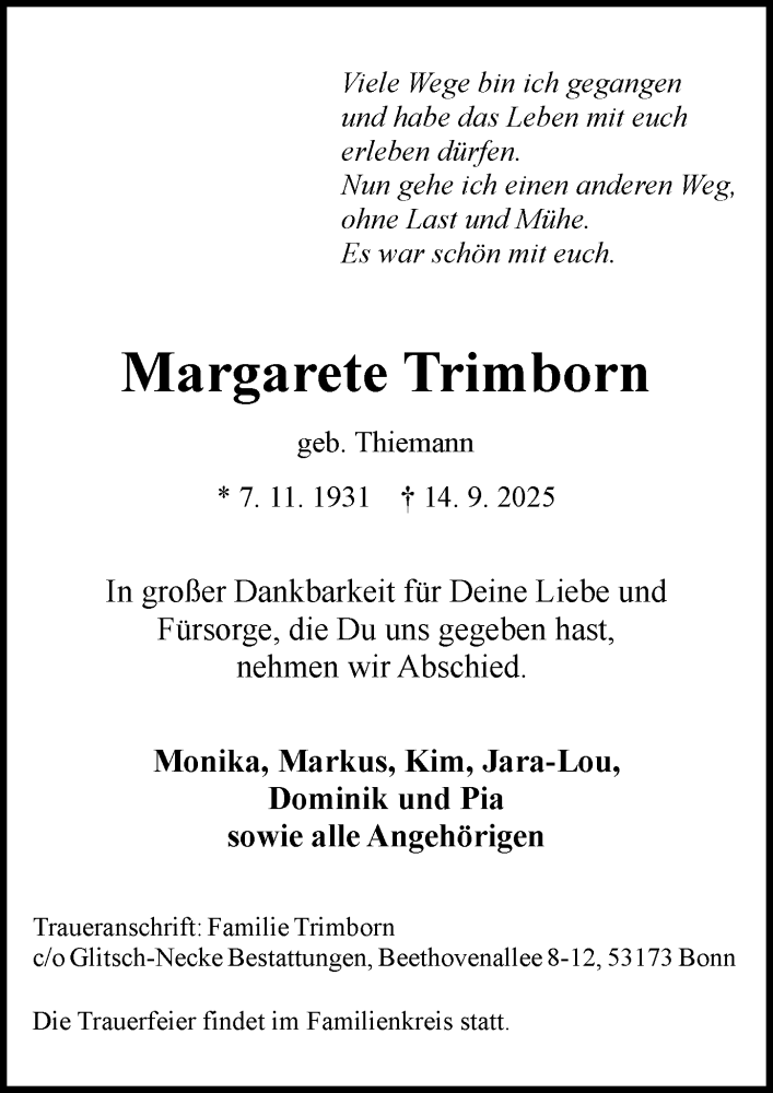  Traueranzeige für Margarete Trimborn vom 27.09.2025 aus General-Anzeiger Bonn