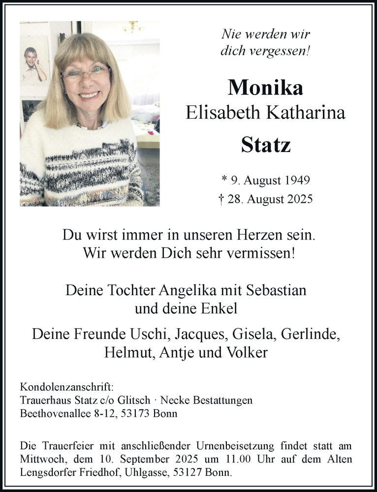  Traueranzeige für Monika Elisabeth Katharina Statz vom 06.09.2025 aus General-Anzeiger Bonn