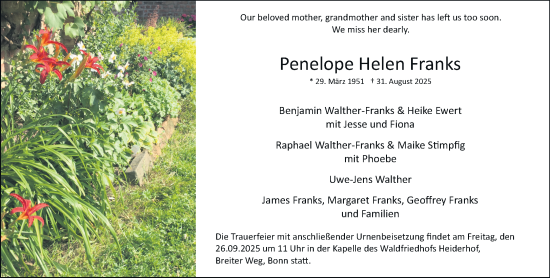 Anzeige von Penelope Helen Franks von General-Anzeiger Bonn