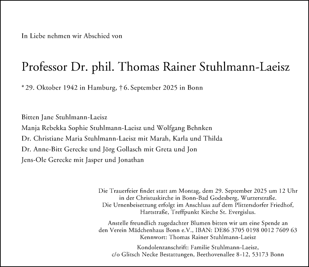 Traueranzeige für Thomas Rainer Stuhlmann-Laeisz vom 20.09.2025 aus General-Anzeiger Bonn