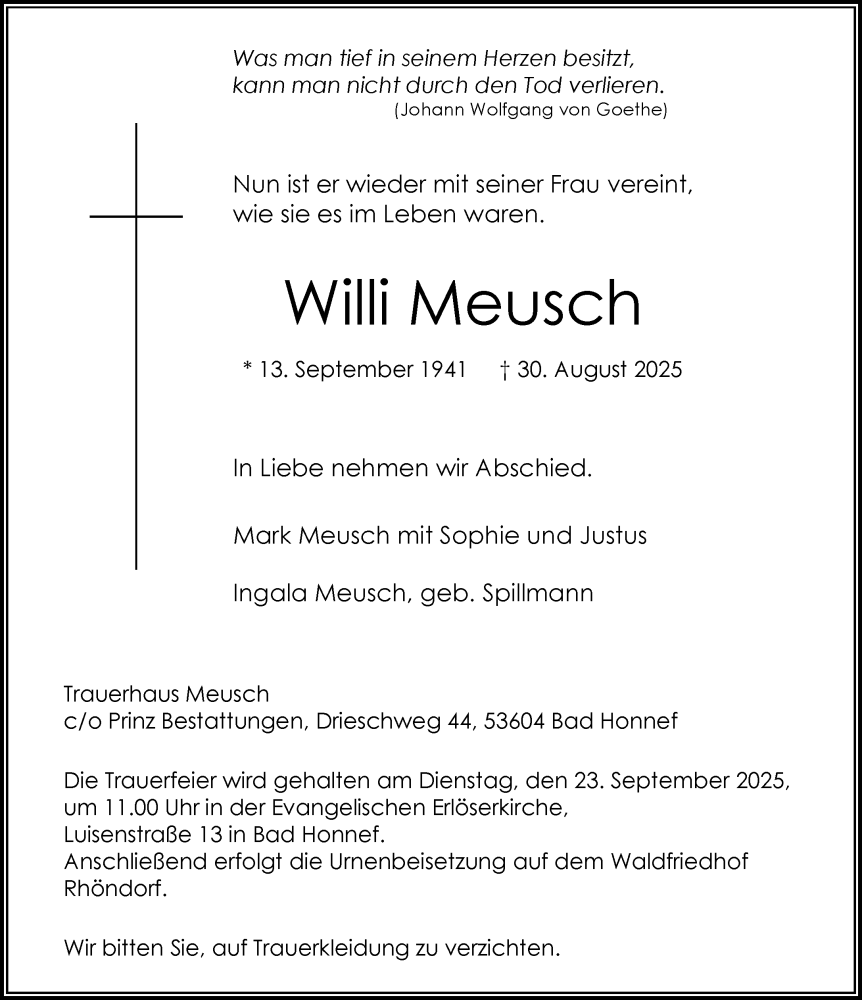  Traueranzeige für Willi Meusch vom 13.09.2025 aus General-Anzeiger Bonn
