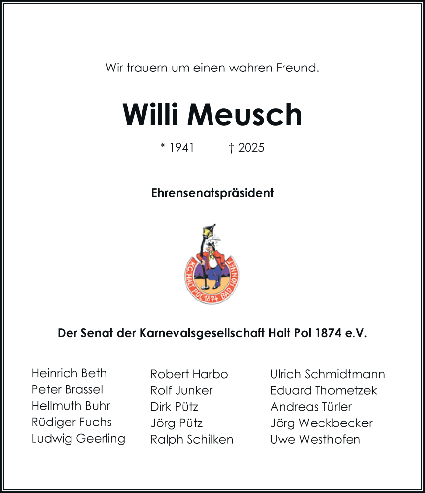  Traueranzeige für Willi Meusch vom 13.09.2025 aus General-Anzeiger Bonn