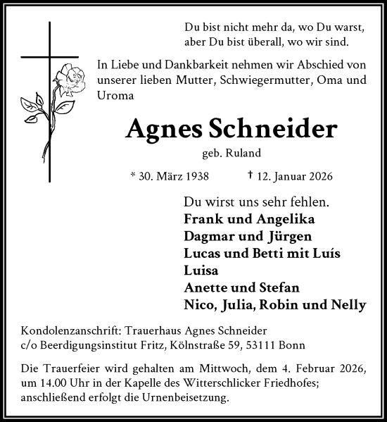 Anzeige von Agnes Schneider von General-Anzeiger Bonn