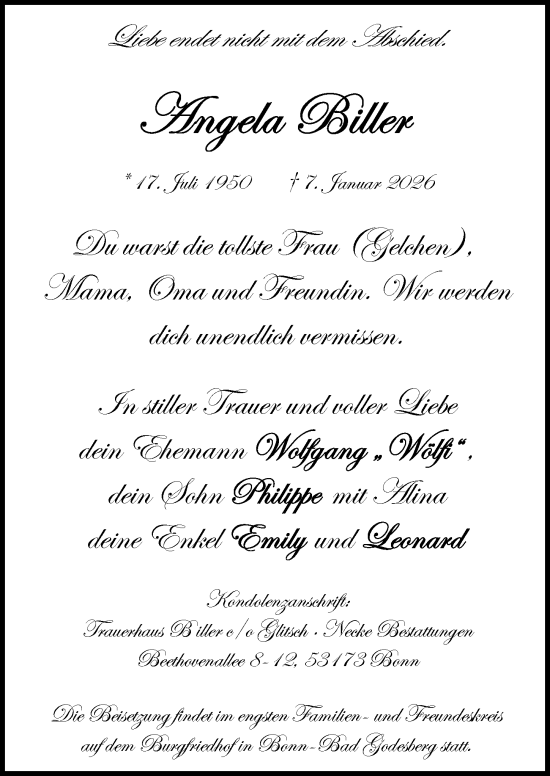 Anzeige von Angela Biller von General-Anzeiger Bonn